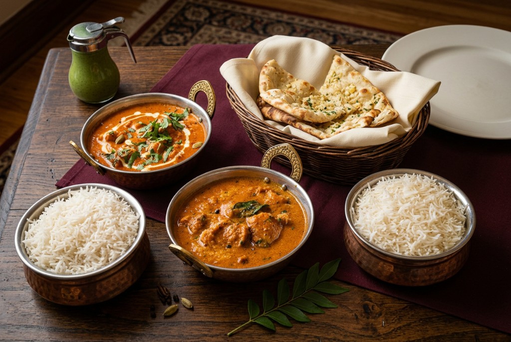 Indian feast — curries, basmati rice, and garlic naan at India Garden Pleasanton