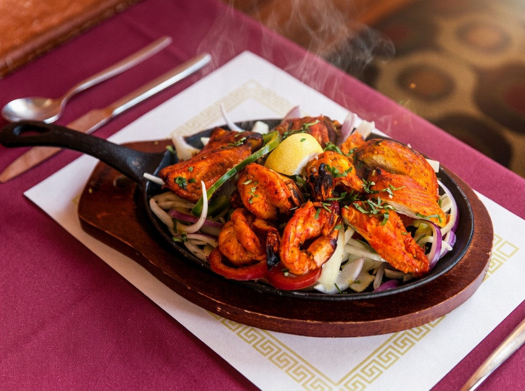 Sizzling tandoori mixed grill with chicken tikka and shrimp